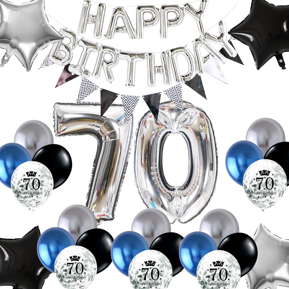 70th Birthday Decorations Silver Men Women Happy Birthday Balloons Pennant Banner 70th Birthday Balloons Silver Black Star Foil Birthday Balloons Navy Blue Black Confetti Balloons for Mom Dad 70th Birthday