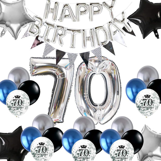 70th Birthday Decorations Silver Men Women Happy Birthday Balloons Pennant Banner 70th Birthday Balloons Silver Black Star Foil Birthday Balloons Navy Blue Black Confetti Balloons for Mom Dad 70th Birthday