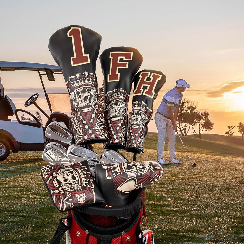 Golf club head cover for driver/fairway wood/utility/putter single item/set skull king pattern black synthetic leather