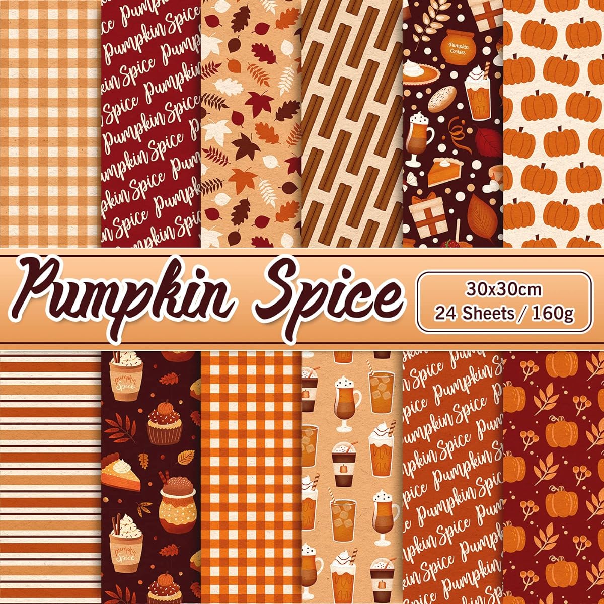 Whaline 24 Sheets Autumn Pattern Paper 30x30cm Maple Leaf Pumpkin Drink Plaid Double Sided Scrapbook Specialty Paper DIY Decorative Background Card Making Photo Album Junk Journal Decoration
