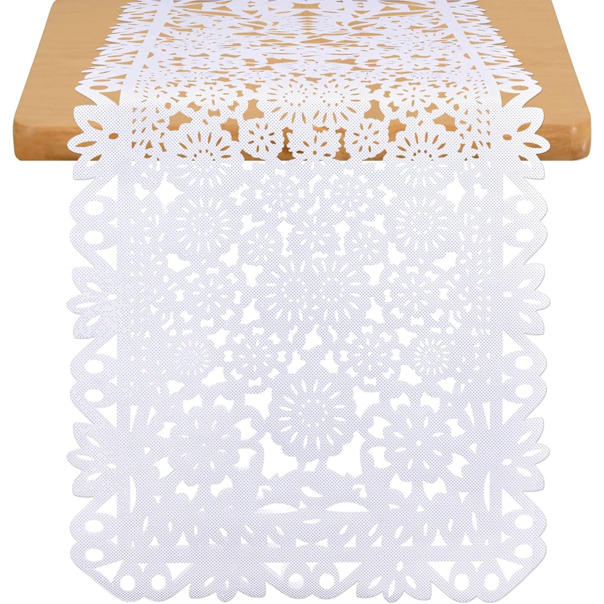 14 x 84 Inch Mexican Party Table Runner White Paper Picado Tablecloth Runner Fabric Table Decorations for Cinco de Mayo Mexican Wedding Fiesta Party Supplies (1)