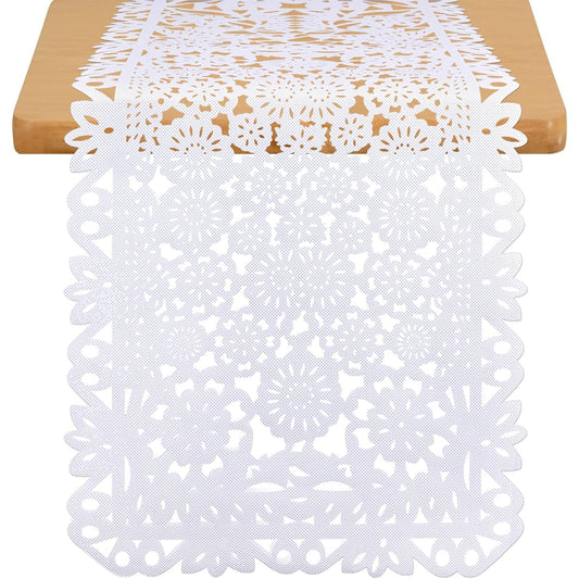 14 x 84 Inch Mexican Party Table Runner White Paper Picado Tablecloth Runner Fabric Table Decorations for Cinco de Mayo Mexican Wedding Fiesta Party Supplies (1)