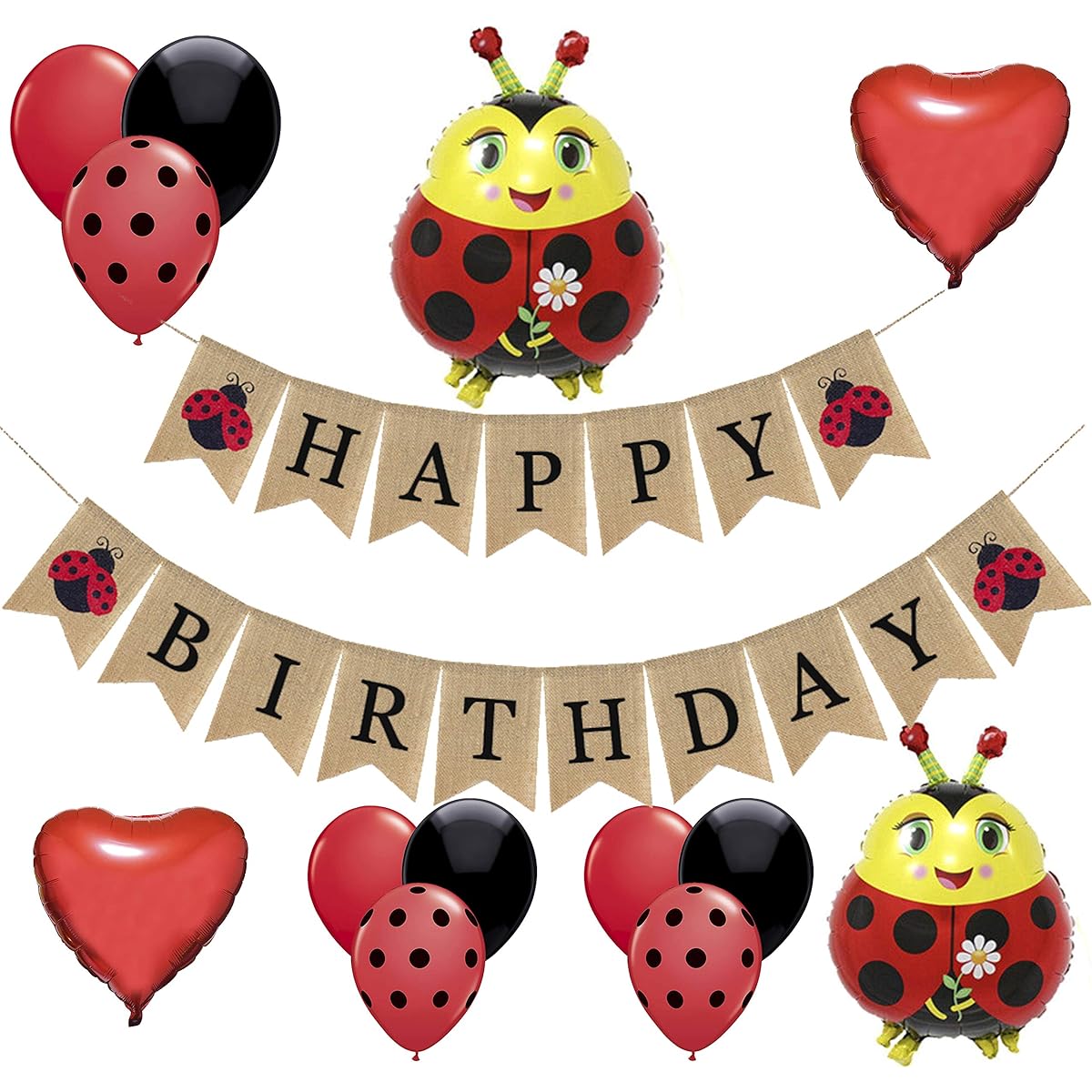 Ladybug Birthday Party Decorations - 1 Happy Birthday Burlap Banner Ladybug 2 Heart Shaped Mylar Balloons 16 Black Red Dot Latex Balloons Ladybug Party Supplies for Kids/Girls/1st 2nd 3rd 4th 5th Birthday