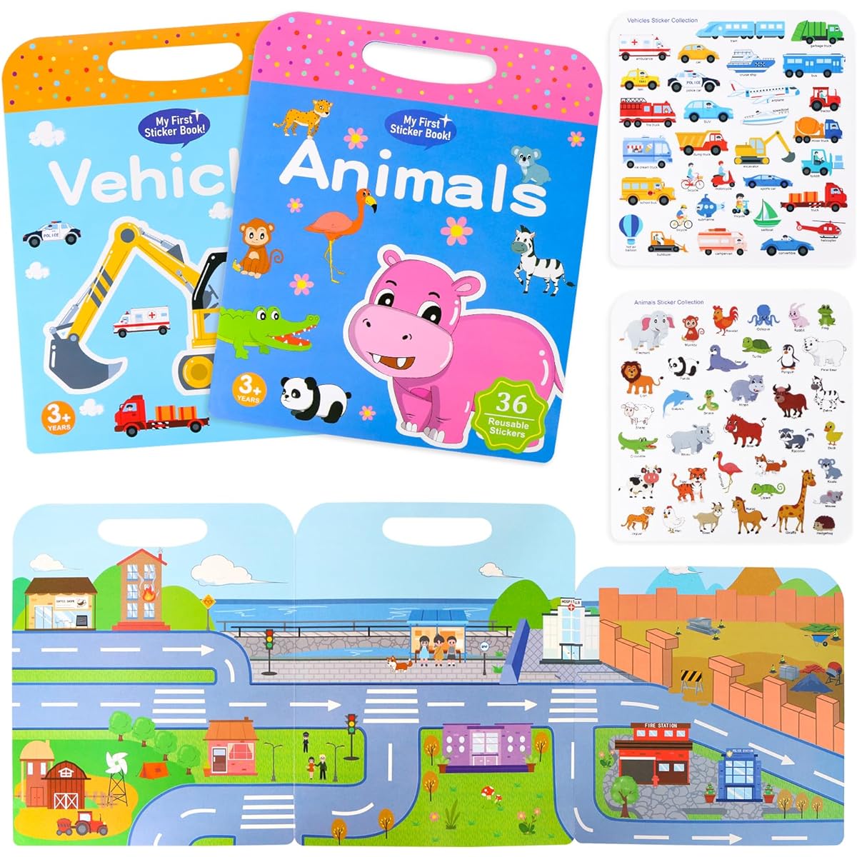 Tedmax Reusable Sticker Book for Kids Portable Jelly Quiet Book Preschool Learning Activities Educational Busy Book Toddler Travel Essentials Car Toy Waterproof Sticker for Ages 2+ Boys Girls (Animals+Vehicles)