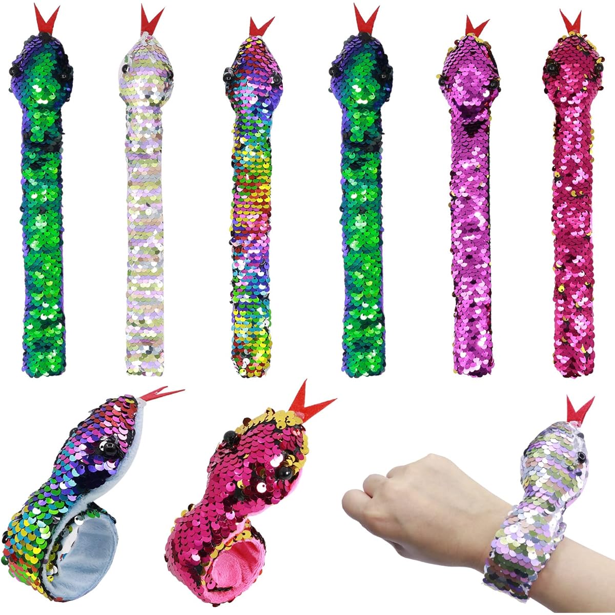 Lohoee 6 Pieces Slap Bracelet Snake Snap Bracelet Sequin Wristband Kids Birthday Party Favors Halloween Gift Color)