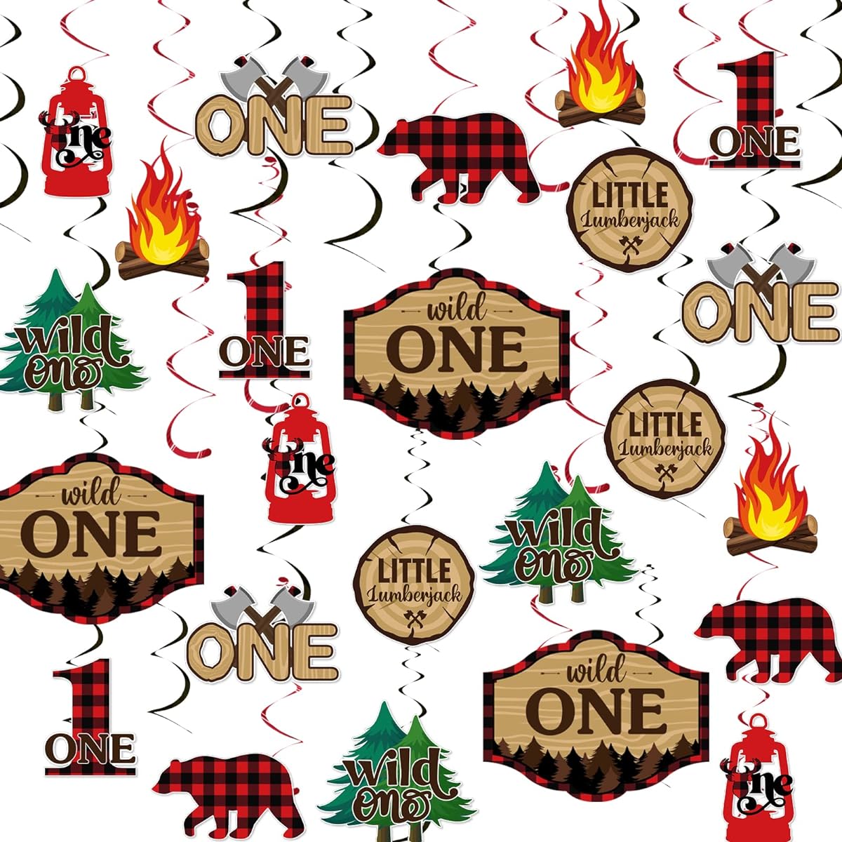 Lumberjack First Birthday Decorations Hanging Swirls - Camping Party Hanging Swirls Buffalo Plaid Boys 1st Birthday Photo Props Boys 1st Birthday Camping Party Decorations