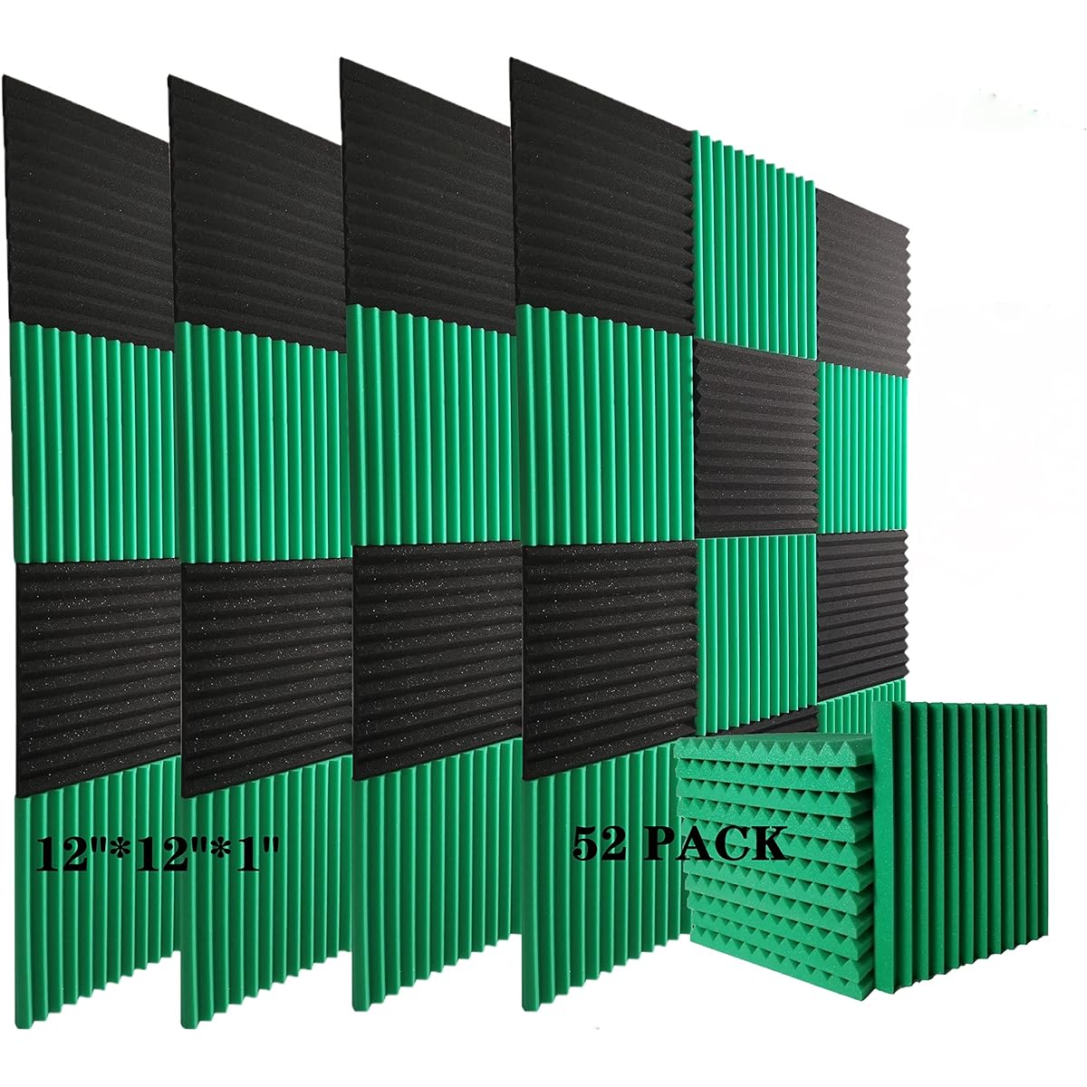 Frcevzoie 52 Pack Acoustic Foam Panels 12" x 12" x 1" Indoor Sound Insulation Boards for Sound Training Rooms, Anchor Rooms, Movie Theaters, Perfect for Any Acoustic Improvement (Black/Green)