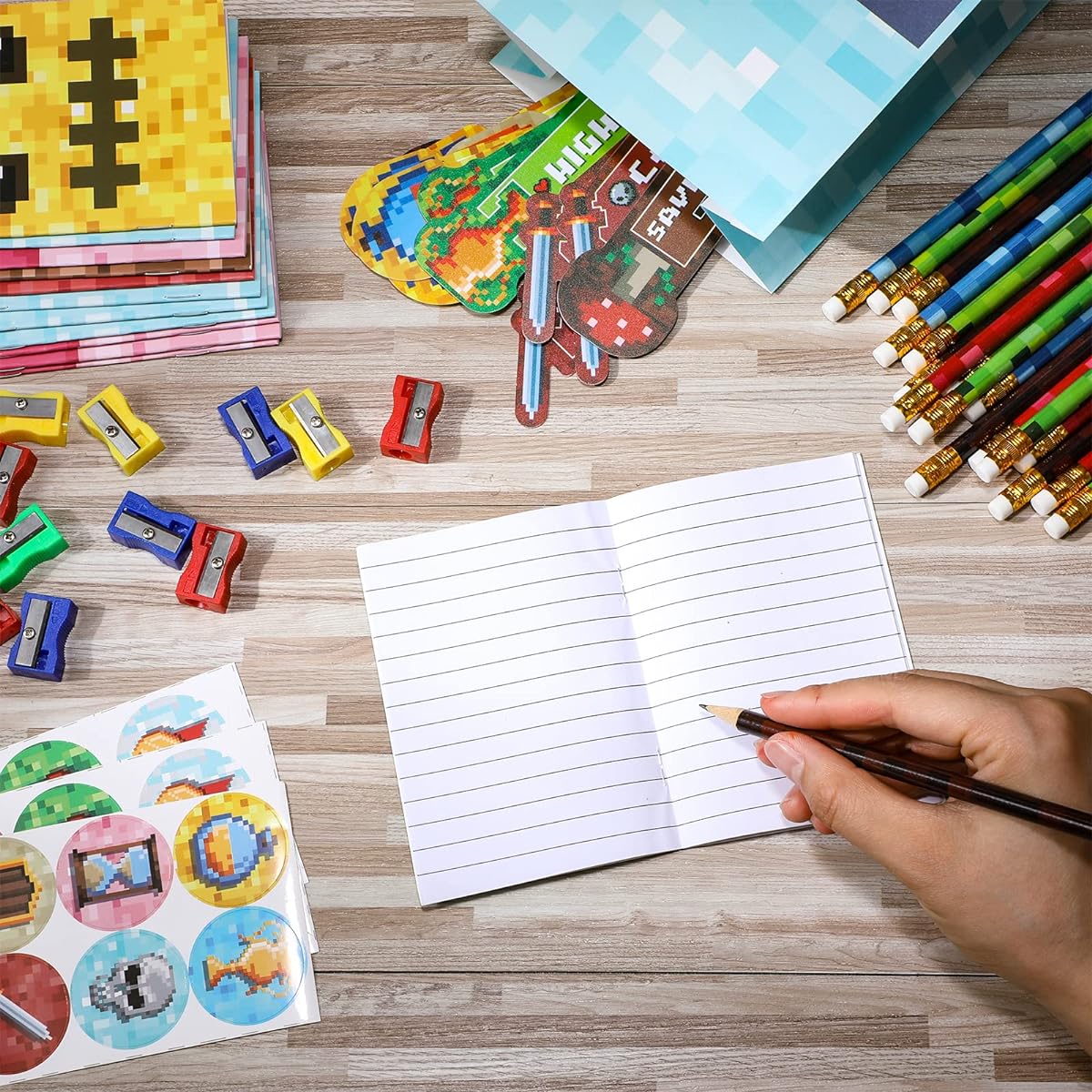 SATINIOR 156 Pieces Pixel Miner Party Favors, 24 Pixel Party Gift Bags with 36 Stickers, 24 Pixel Pencils, 24 Bookmarks, 24 Notebooks, 24 Sharpeners, Pixel Miner Kids Party Favors
