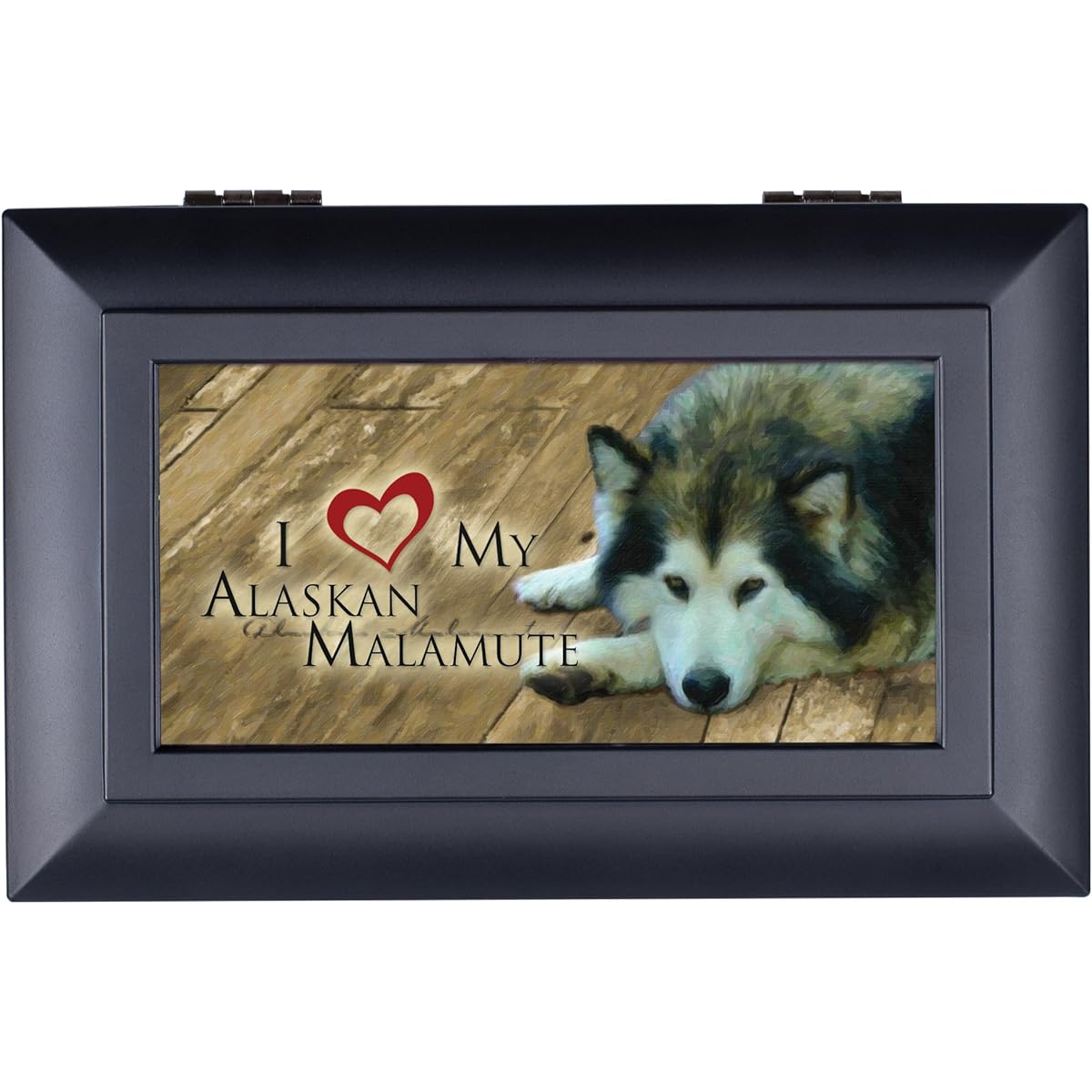I Love My Alaskan Malamute Cottage Garden Petite Matte Black Finish Music Jewelry Box - Plays Song Wonderful World