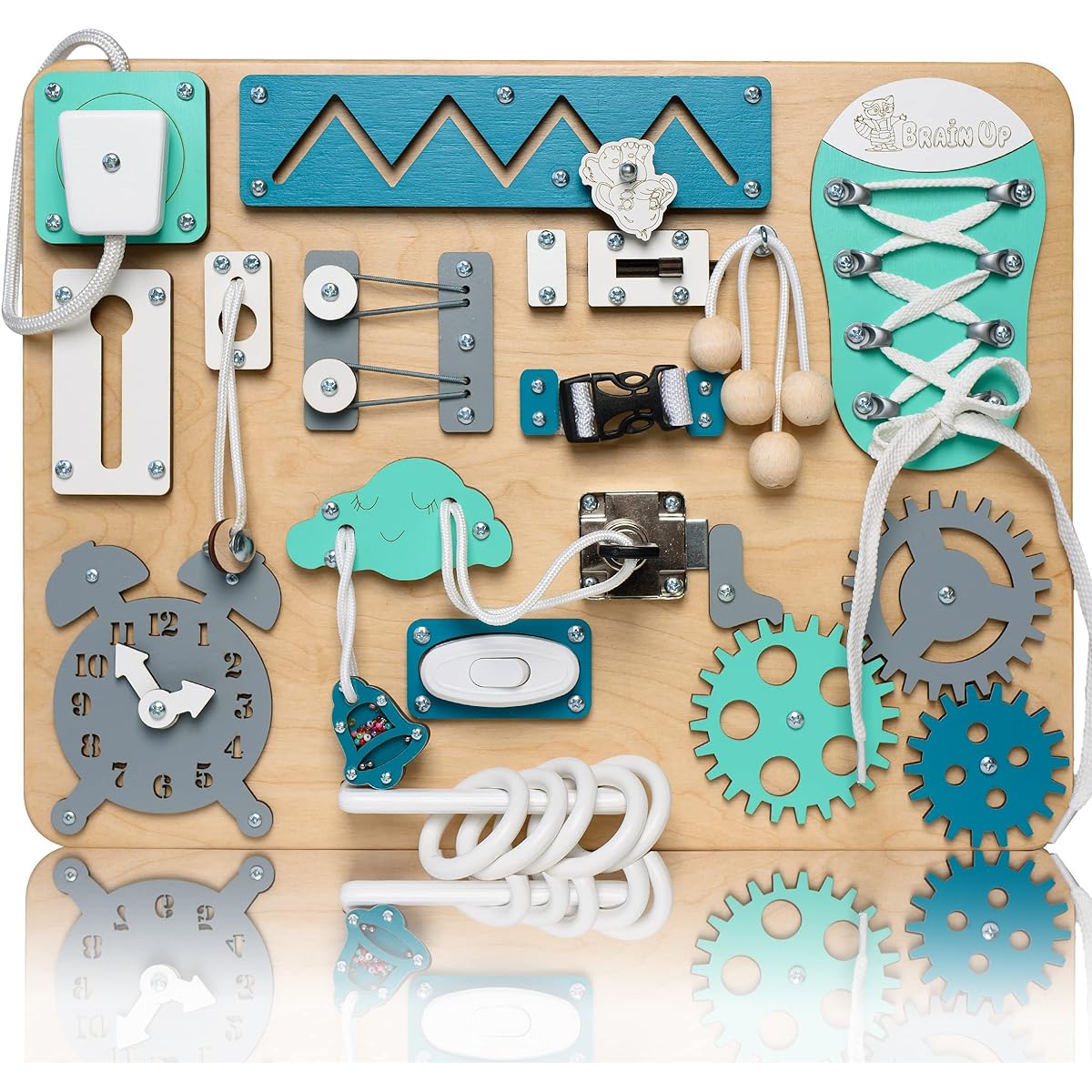 BrainUpToys Busy Board for Babies Great Birthday Gift for Boys Girls Baby Kids Nephew Niece Godson Goddaughter Learning Education Travel Activity Perception Mint Turquoise Blue