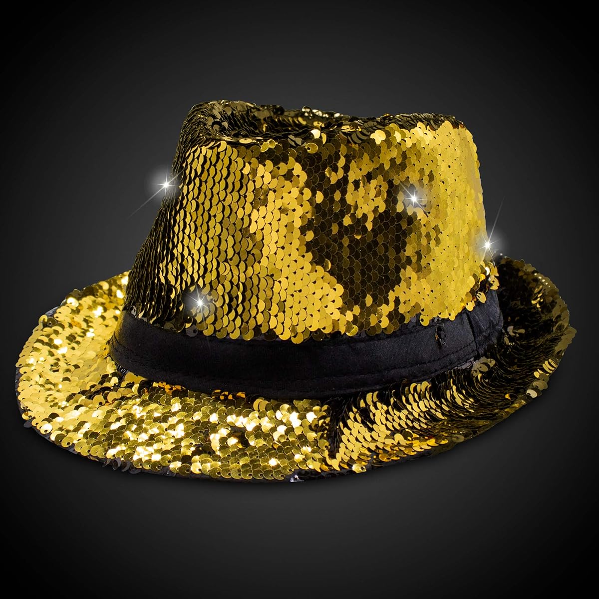 Windy City Novelties LED Light Up Gold and Black Color Changing Sequin Fedora Party Hat