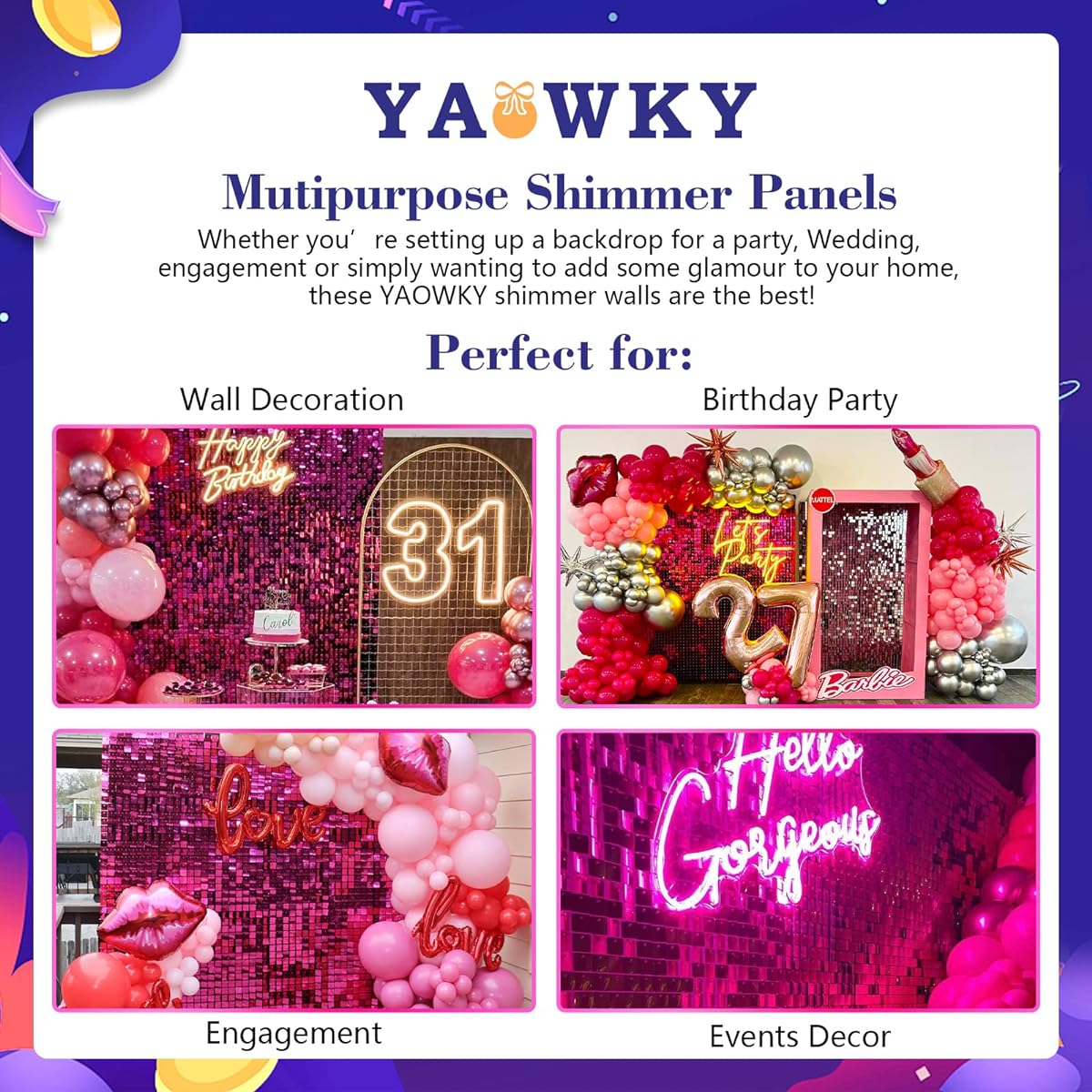 Hot Pink Shimmer Wall Backdrops 24 Pieces Square Sequin Wall Panels for Birthday Wedding Bachelorette Party Decoration Christmas Photo Backdrop Anniversary Engagement Graduation