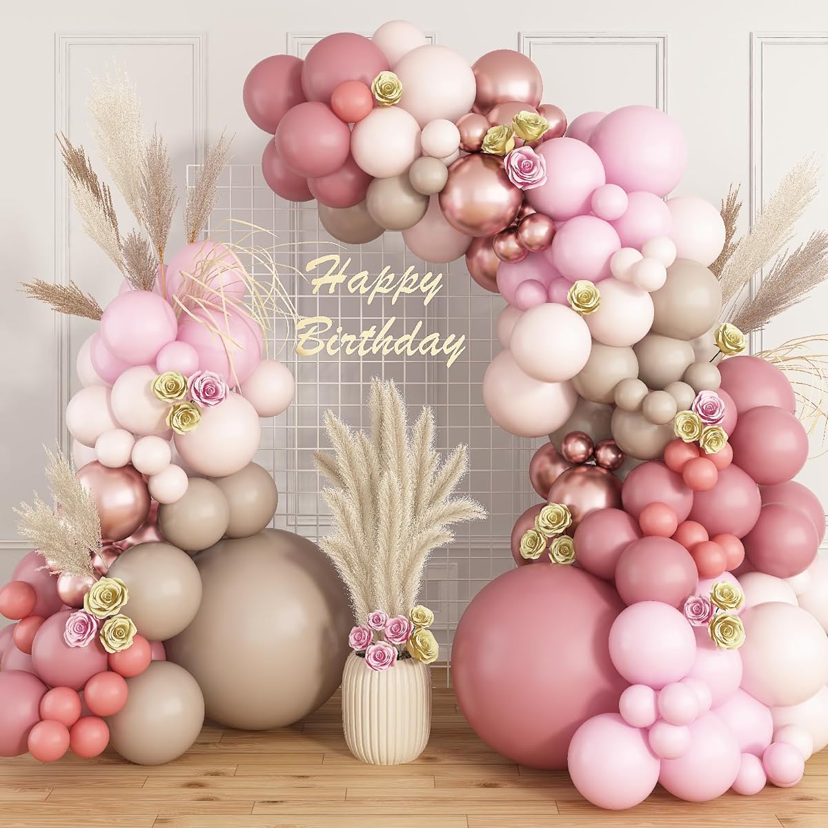 Retro Blush Pink Balloon Garland Double Stuffed Dusty Pink Beige Balloon Arch Metallic Chrome Rose Gold Nude Balloons Girls Boho Birthday Baby Shower Bridal Wedding Party Decorations