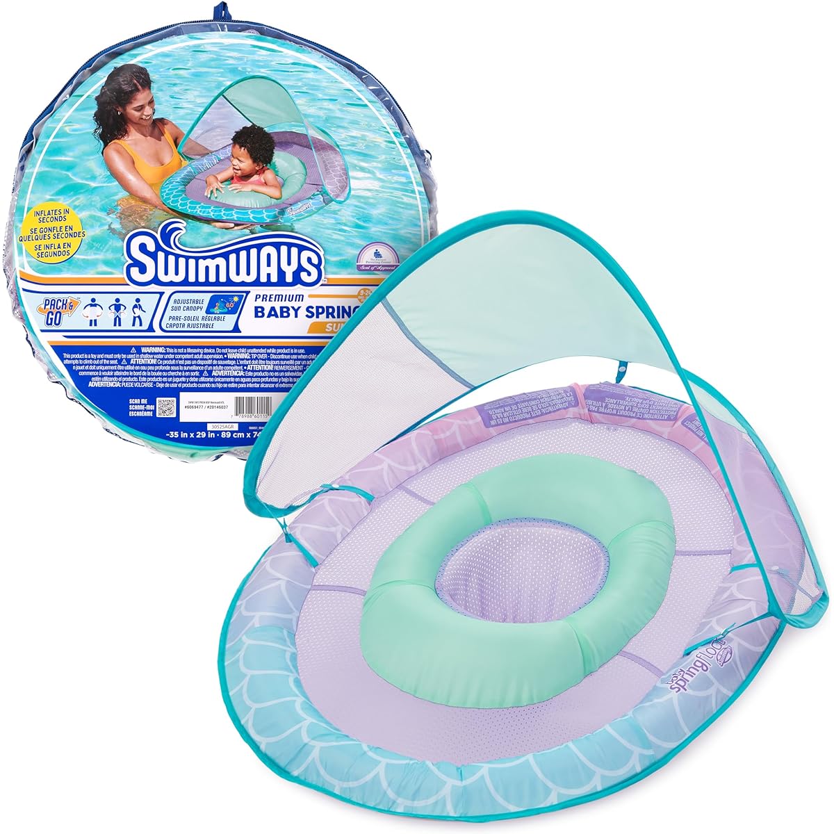 SwimWays Sun Canopy Inflatable Baby Spring Float for Kids 9-24 Months Mermaid Design