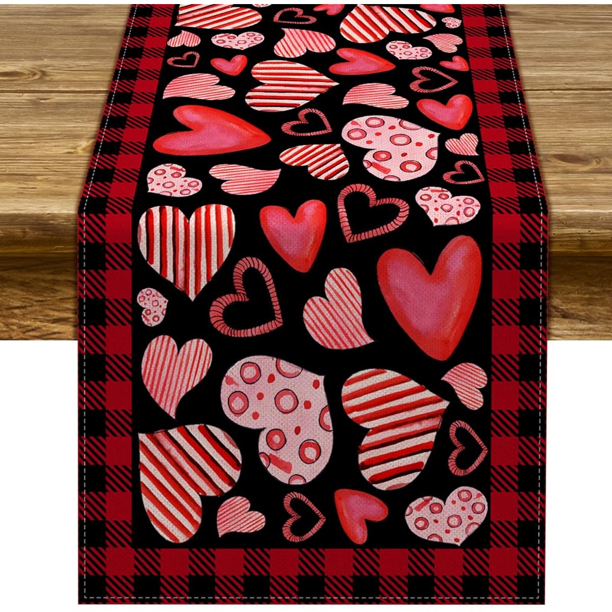 Pudodo Happy Valentine's Day Table Runner Love Heart Buffalo Plaid Check Wedding Anniversary Kitchen Dining Home Decoration