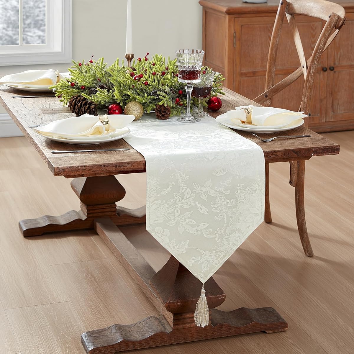Elrene Home Fashions Poinsettia Elegance Jacquard Holiday Table Runner, 13" x 70", Ivory