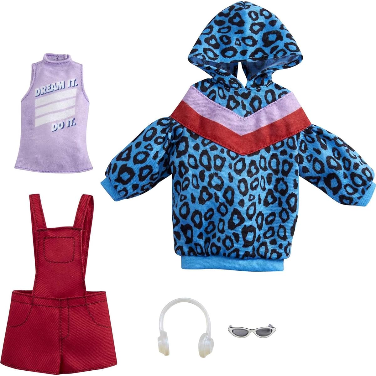 Mattel - Barbie Fashion 2-Pack, Includes Animal-Print Hoodie Dress, Graphic Top, Red Overalls & Accessories