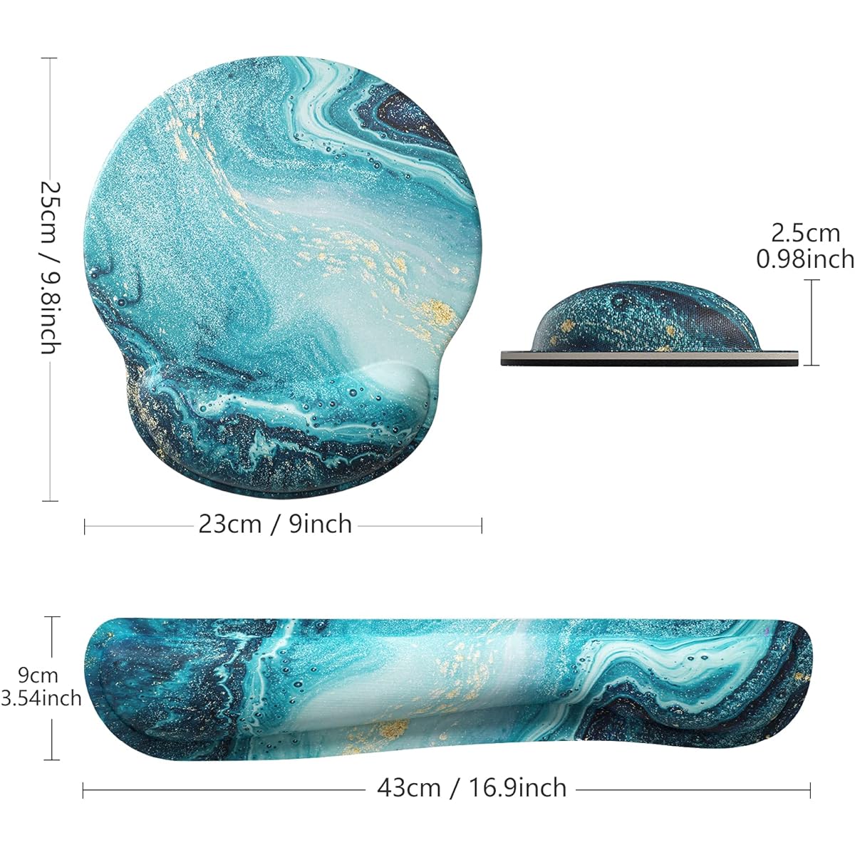ITNRSIIET Gaming Mouse Pad with Wrist Support, Keyboard Wrist Support and Mouse Pad with Wrist Rest, Non-Slip PU Base, Golden Blue Marble