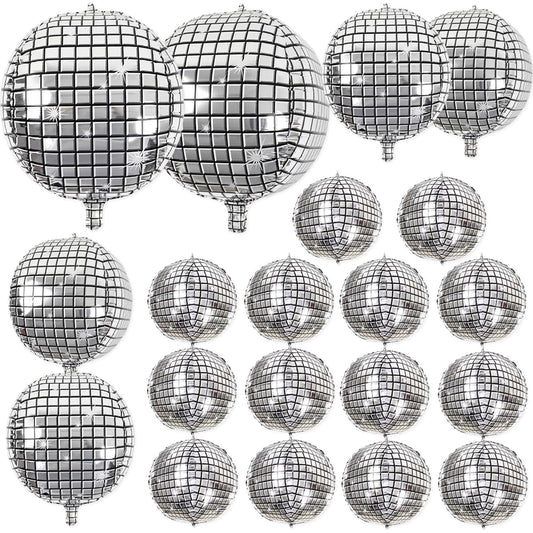 20pcs Disco Balloons Different Sizes - 4D Large Disco Balloons 32inch 22inch 10inch Assorted Round Metallic Silver Disco Mylar Balloons for 70s 80s Disco Theme Birthday New Year Party Decoration Supplies