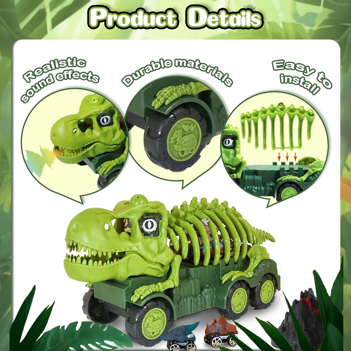 Dinosaur Truck Playset with Activity Mat and 8 Dinosaur Figures for 3-5 Year Old Boys with Wood, Eggs and Monster Truck Toys for Kids Pretend Play