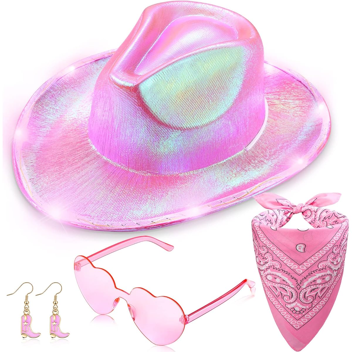 SATINIOR 4 Pack Light Up Cowboy Hat Pink Bandana Boots Cowgirl Earrings Heart Sunglasses Western West Jewelry Fancy Dress Costume Multicolor