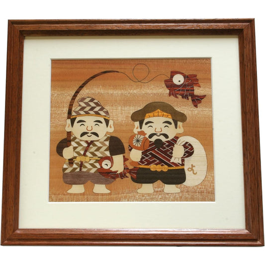 Wood inlay Ebisu and Daikoku