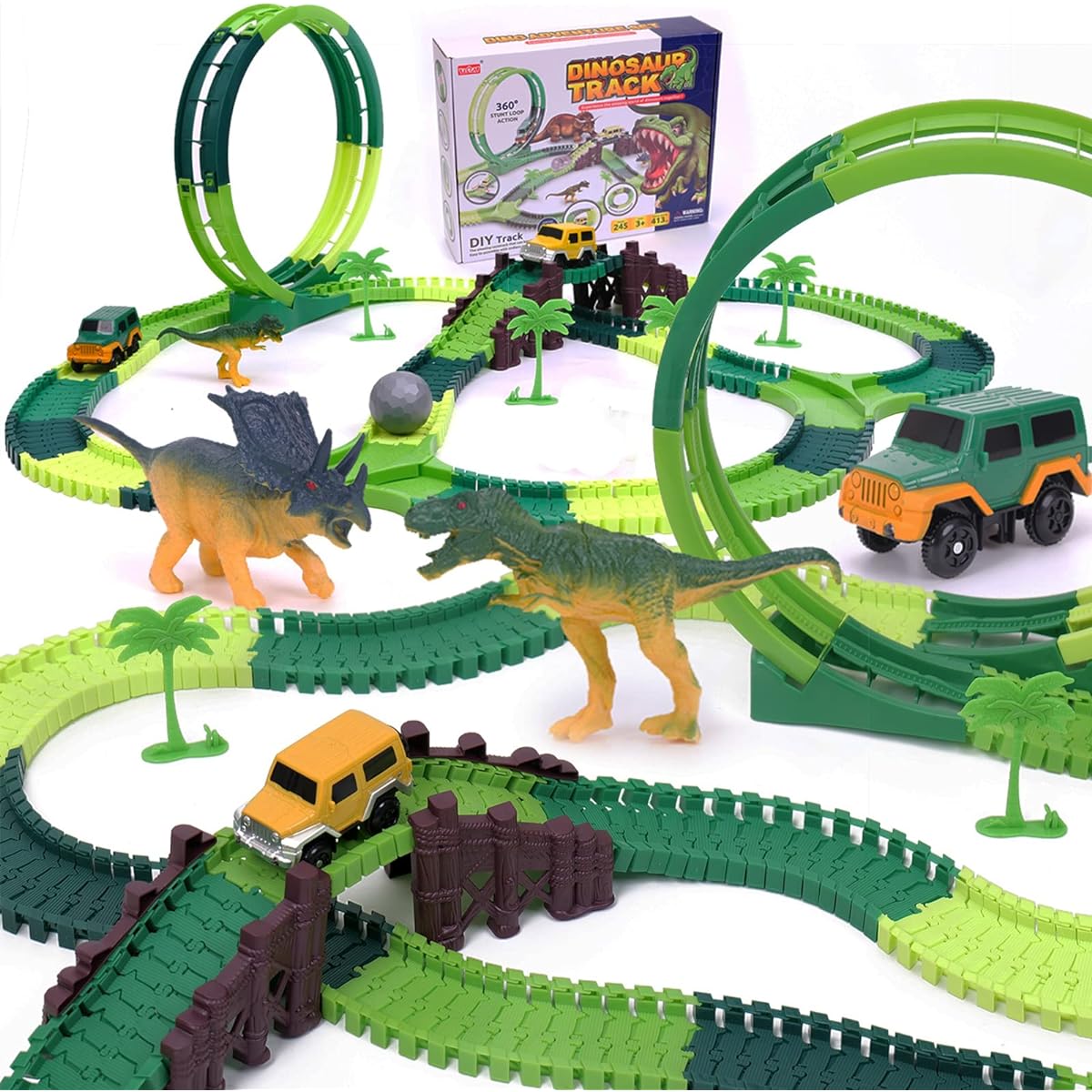 LANSAND 245 Piece Dinosaur Race Track Toy for Kids Ages 3-12 Boys Girls Flexible Track Playset with 2 Cars, 231 Tracks, 1 Ball, 2 Dinosaurs, Christmas Birthday Gift