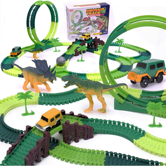 LANSAND 245 Piece Dinosaur Race Track Toy for Kids Ages 3-12 Boys Girls Flexible Track Playset with 2 Cars, 231 Tracks, 1 Ball, 2 Dinosaurs, Christmas Birthday Gift