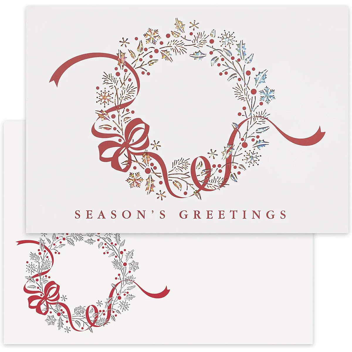 Masterpiece Studios Box of 12 Laser Cut Holiday Cards with Coordinating Envelopes, 5" x 7" Red Ribbon Wreath