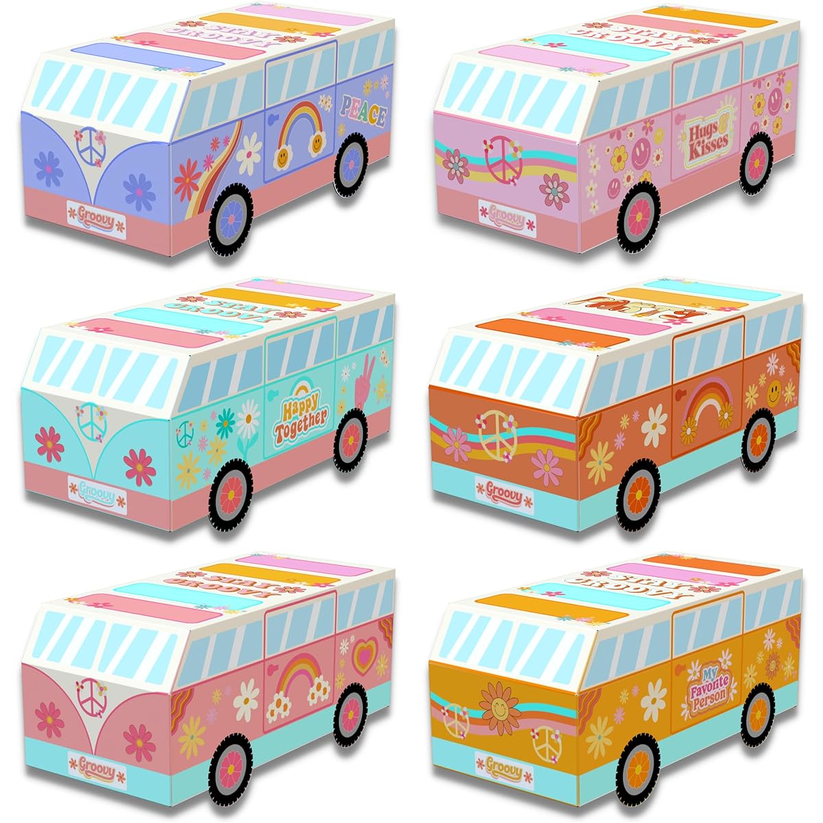 VTYEPOU Groovy Party Favor Boxes - 24pcs Groovy Birthday Party Decorations Boho Hippie Theme Bus Candy Boxes 60s Retro Van Centerpiece Supplies