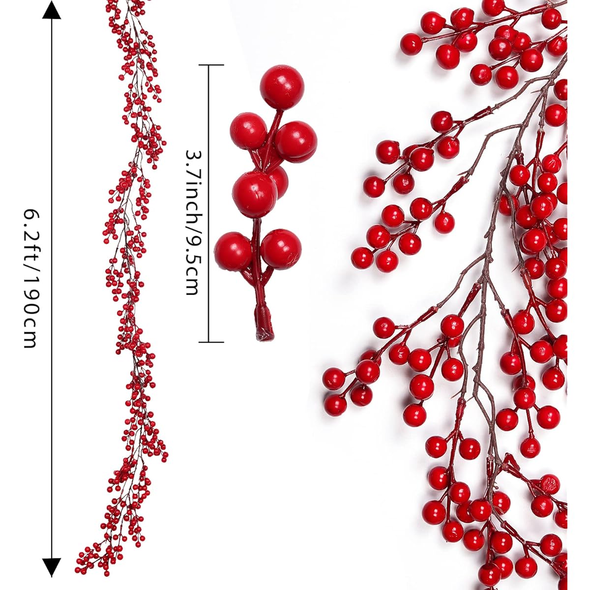 RECUTMS Artificial Red Berry Garland 6.4ft Red Berry Garland for Christmas Tree Mantle Artificial Christmas Berry Garland Christmas Decoration Indoor Decor Table (Red Fruit)
