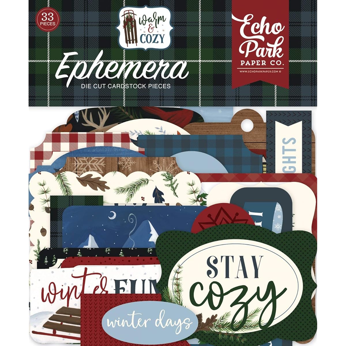Echo Park Paper Company Warm & Cozy ephemera, green, red, navy, blue, wood grain