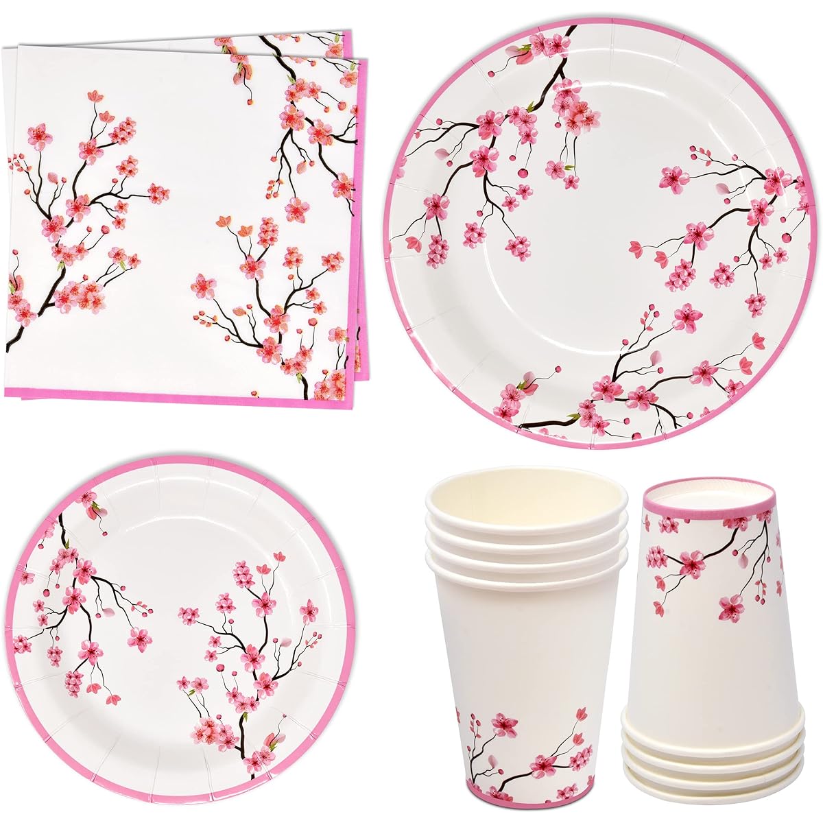 Floral Cherry Blossom Party Supplies Disposable Tableware Set - 24 9" Dinner Plates, 24 7" Paper Plates, 24 9oz Cups, 24 Lunch Napkins, Spring Pink Flowers for Bridal & Baby Shower, Wedding, Tea, Birthday Party