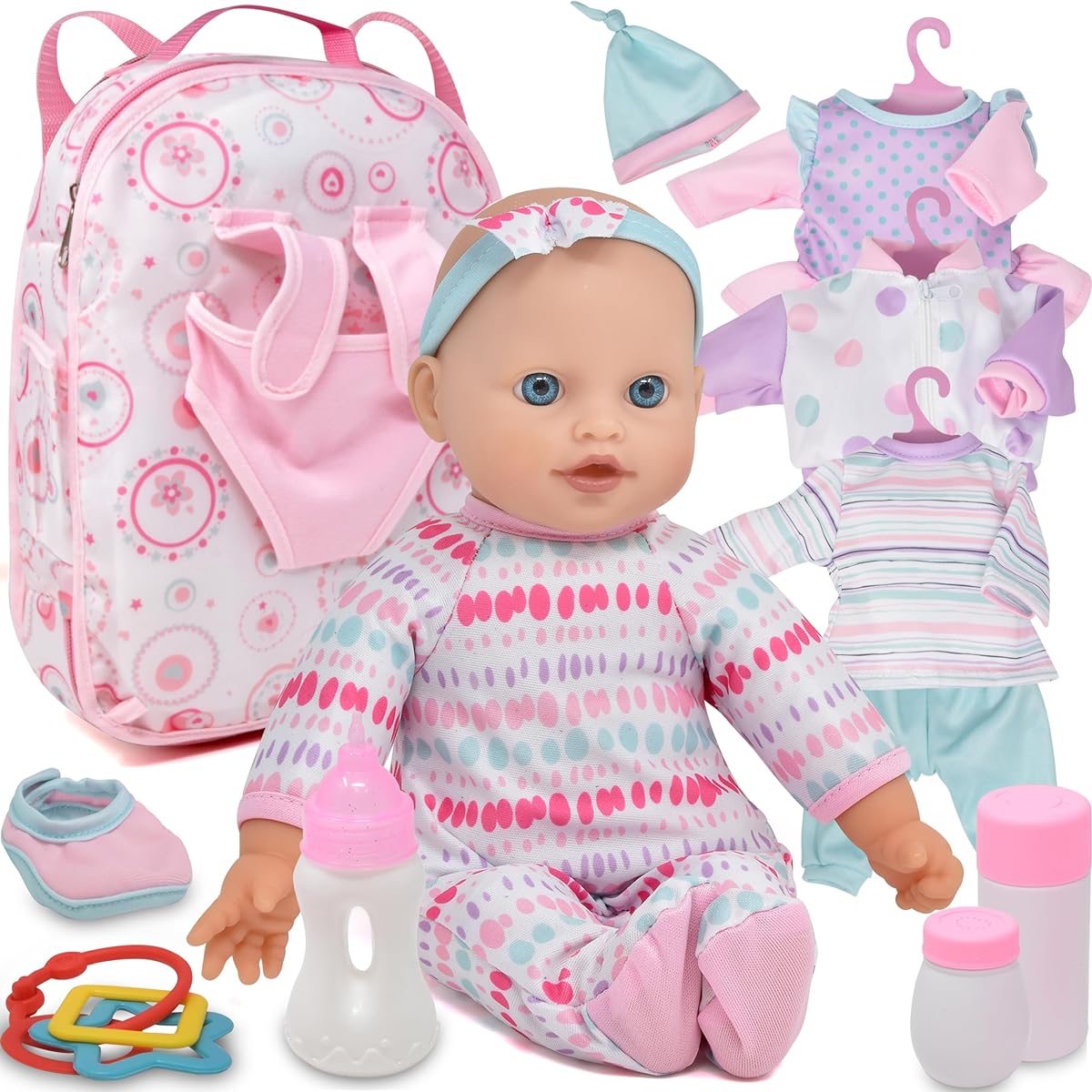 Soft Body Baby Doll with Clothes and Backpack Carrier 12" Toddler Baby Doll with Accessories Age 2 3 4 5