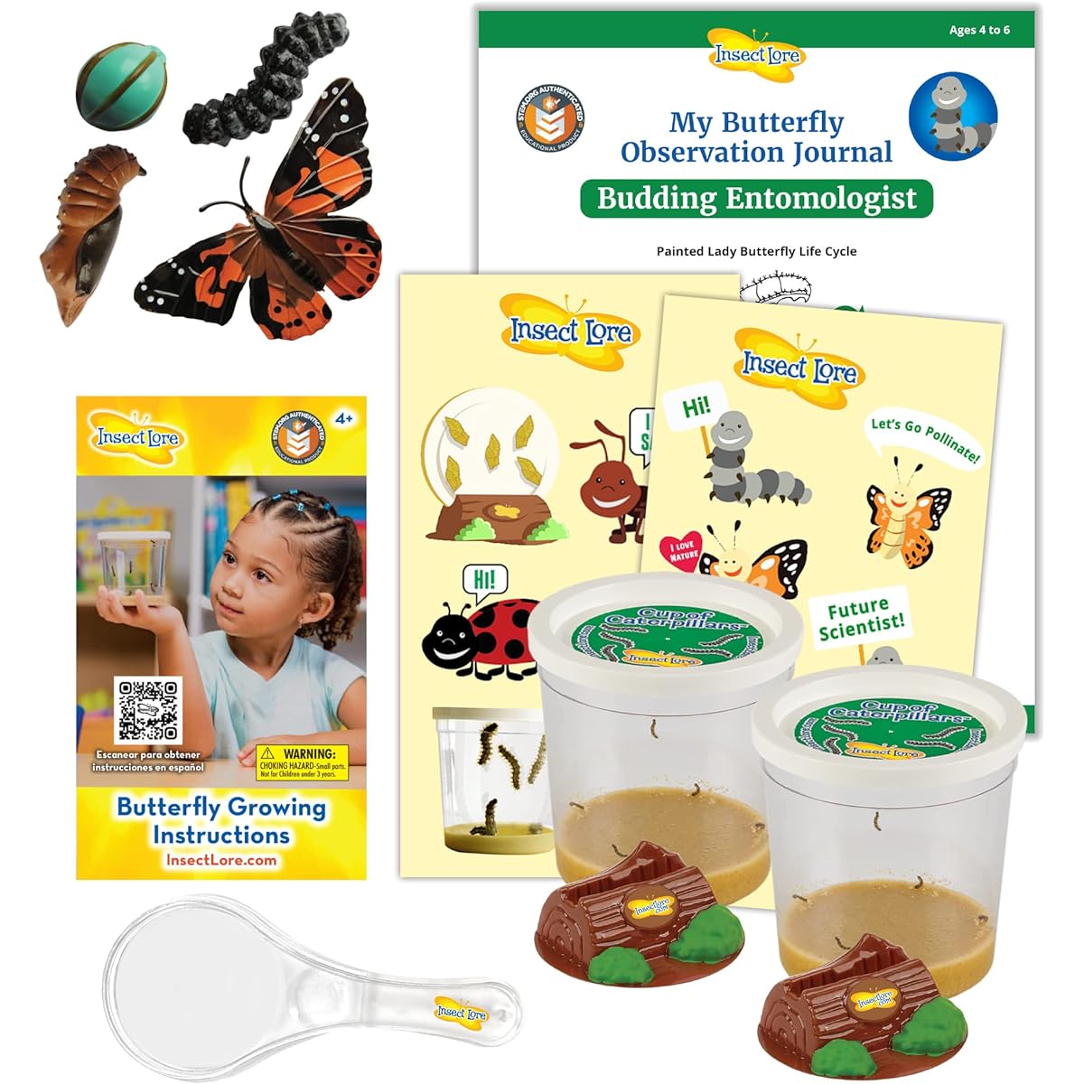 Insect Lore 2 Cup Caterpillar Dual Lens Magnifier Butterfly Life Cycle Stages STEM Activity Journal