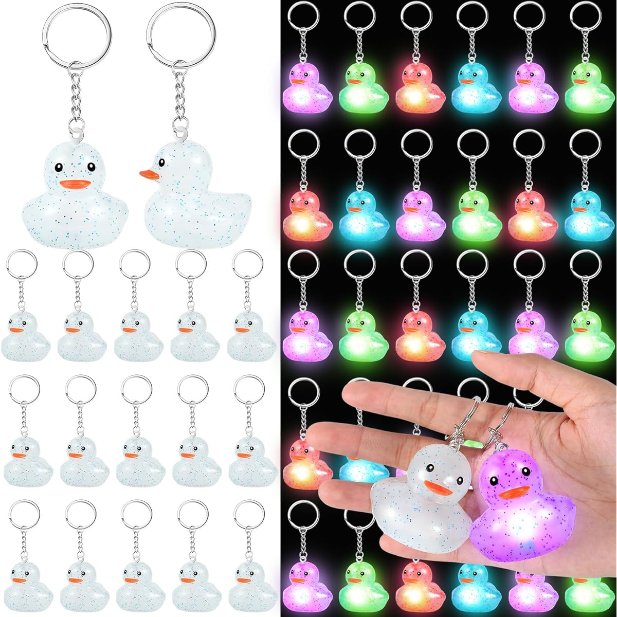 Deekin 100pcs LED Rubber Duck Keychains Glow in the Dark Duck Keychains Operation Christmas Light Up Duck Party Favors Pendant Accessories Birthday Baby Shower Party Classroom Favors