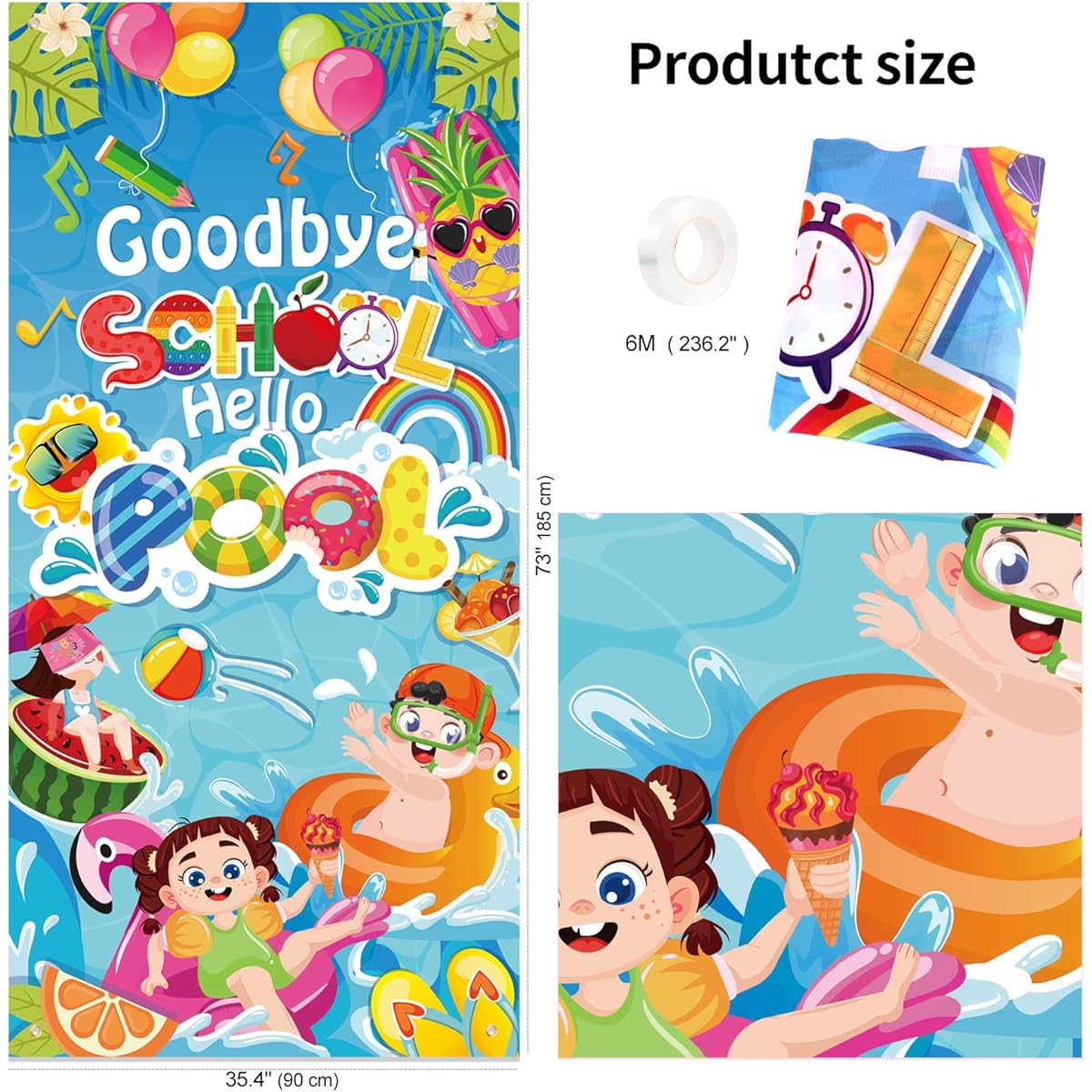 HOWAF Good Bye School Hello Pool Door Banner Summer Vacation Background Banner Kindergarten End of 2023 Party Decoration Supplies Hawaii Hello Summer Party Banner