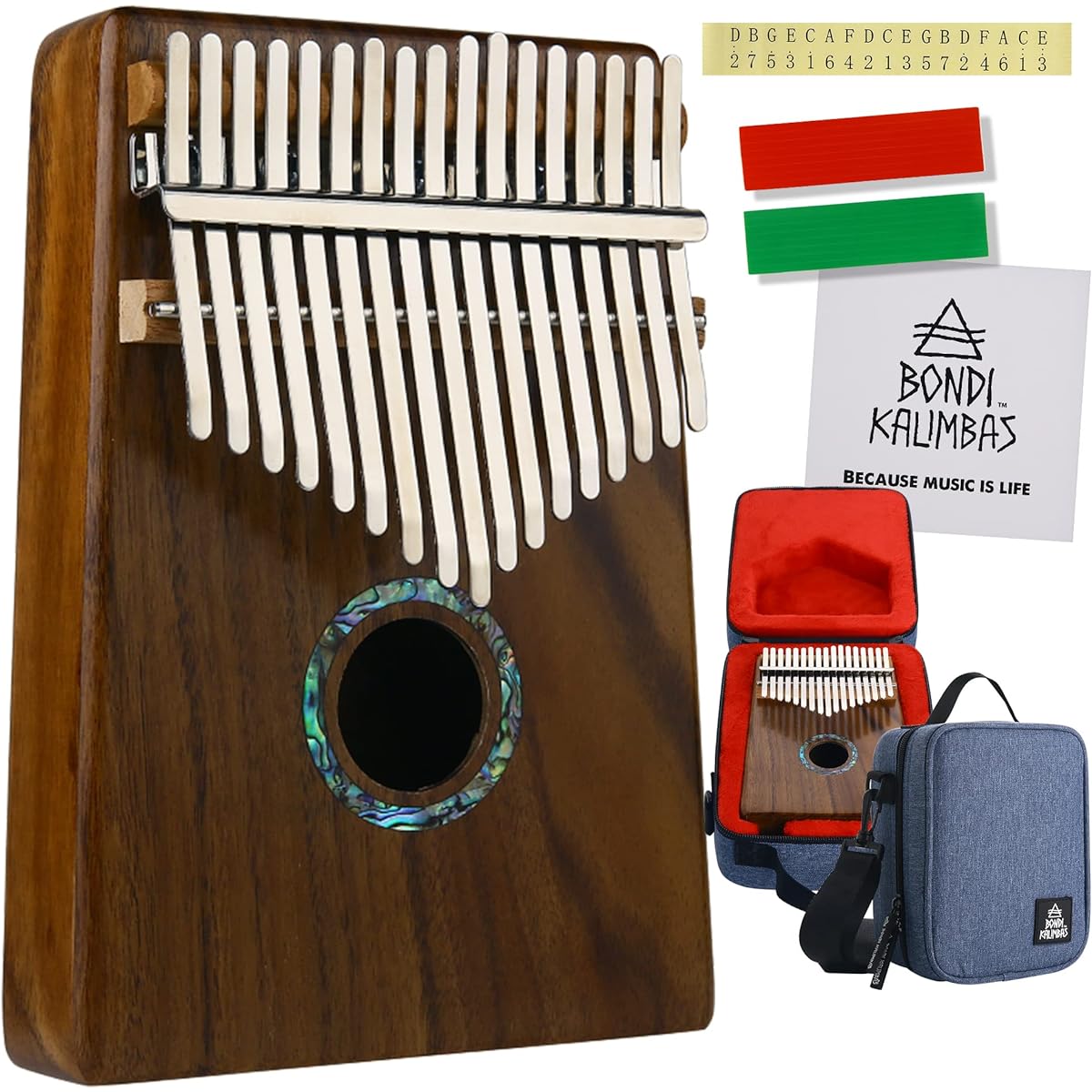 Original BONDI UKULELES 17-key Kalimba made from core wood. Comes in a hard case with a strap for easy carrying. (Full set with cleaning cloth and tuning hammer) Thumb piano