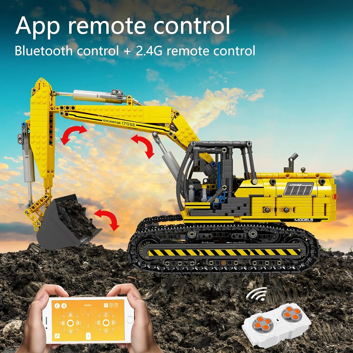 Mold King 17032 Excavator Building Kit Building Blocks Set Construction Vehicle Model Gift Toy for Kids Ages 8+ for Adult Collection Enthusiasts (1828 Pieces with Motor/App Remote)