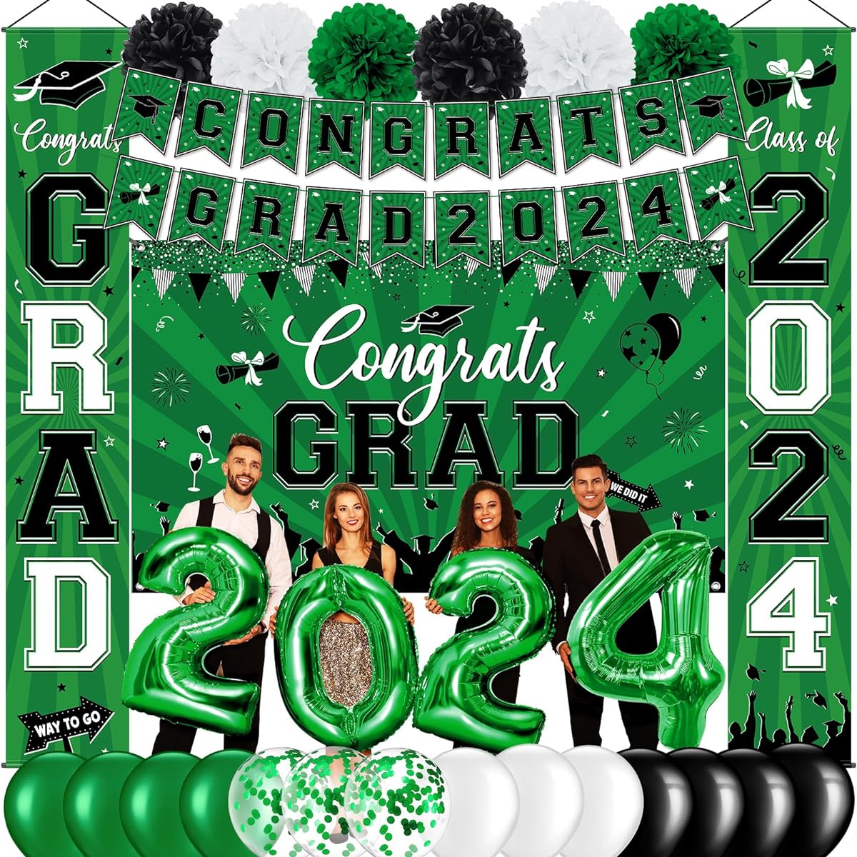 Graduation Decorations Class of 2024, Graduation Party Decorations Set Includes Congrats Grad 2024 Banner Photo Booth Background Balloons for High School College Nurse Graduation Party Supplies Green