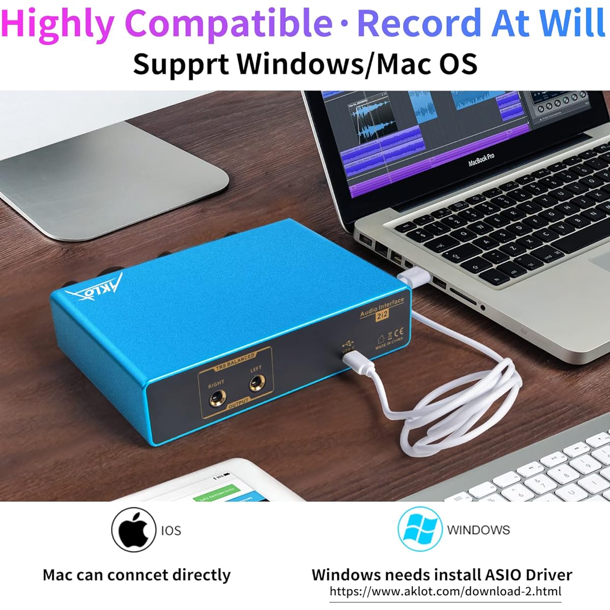 AKLOT Audio Interface USB Audio Interface Audio Interface for PC/Mac/Win 2-in-2-output 24-bit/192kHz XLR Sound Card with Headphone Amplifier TRS Balanced Recording