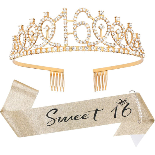 16th Birthday Tiara and Sash Kit - "Sweet 16" Birthday Decorations, 16th Birthday Party Gifts, Birthday Party Supplies for Girls (Gold)