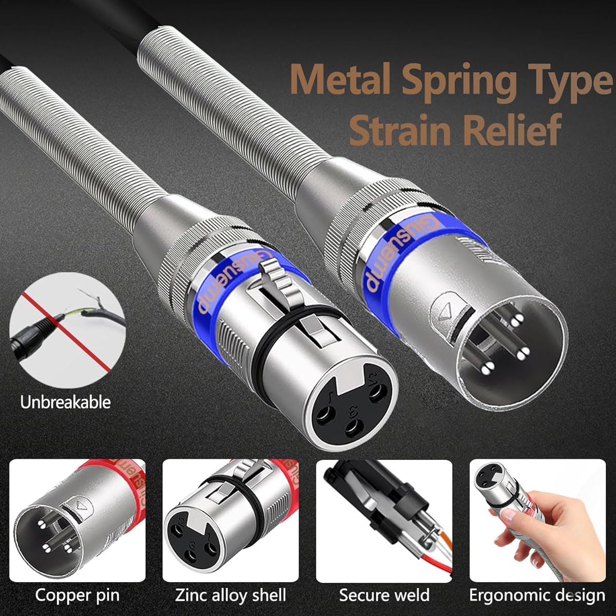 Giusuemp XLR Cable 10ft 2 Pack Premium XLR Microphone Cable 3 Pin Balanced Shielded XLR Male to Female Microphone Speaker Cord Metal Spring SR
