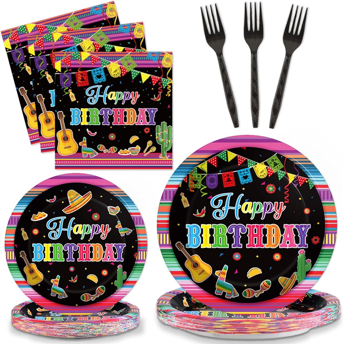 Mexican Fiesta Happy Birthday Party Supplies Mexican Tableware Set Happy Birthday Plates Napkins Fiesta Disposable Paper Tableware Kit Birthday Party Decorations Birthday Party Favors for 24 Guests