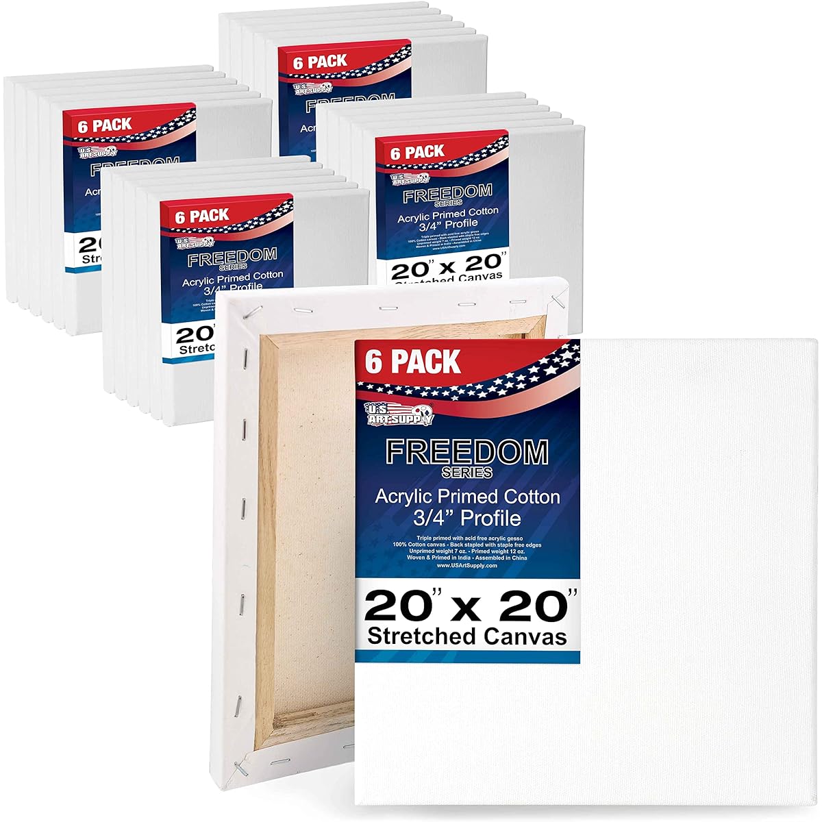 US Art Supply 20" x 20" Professional Quality Acid Free Stretched Canvas 6 Pack 3/4 Profile 12oz Prime Gesso - (Full Case of 6 Single Canvases) Pack of 24 SC20X20-24PK