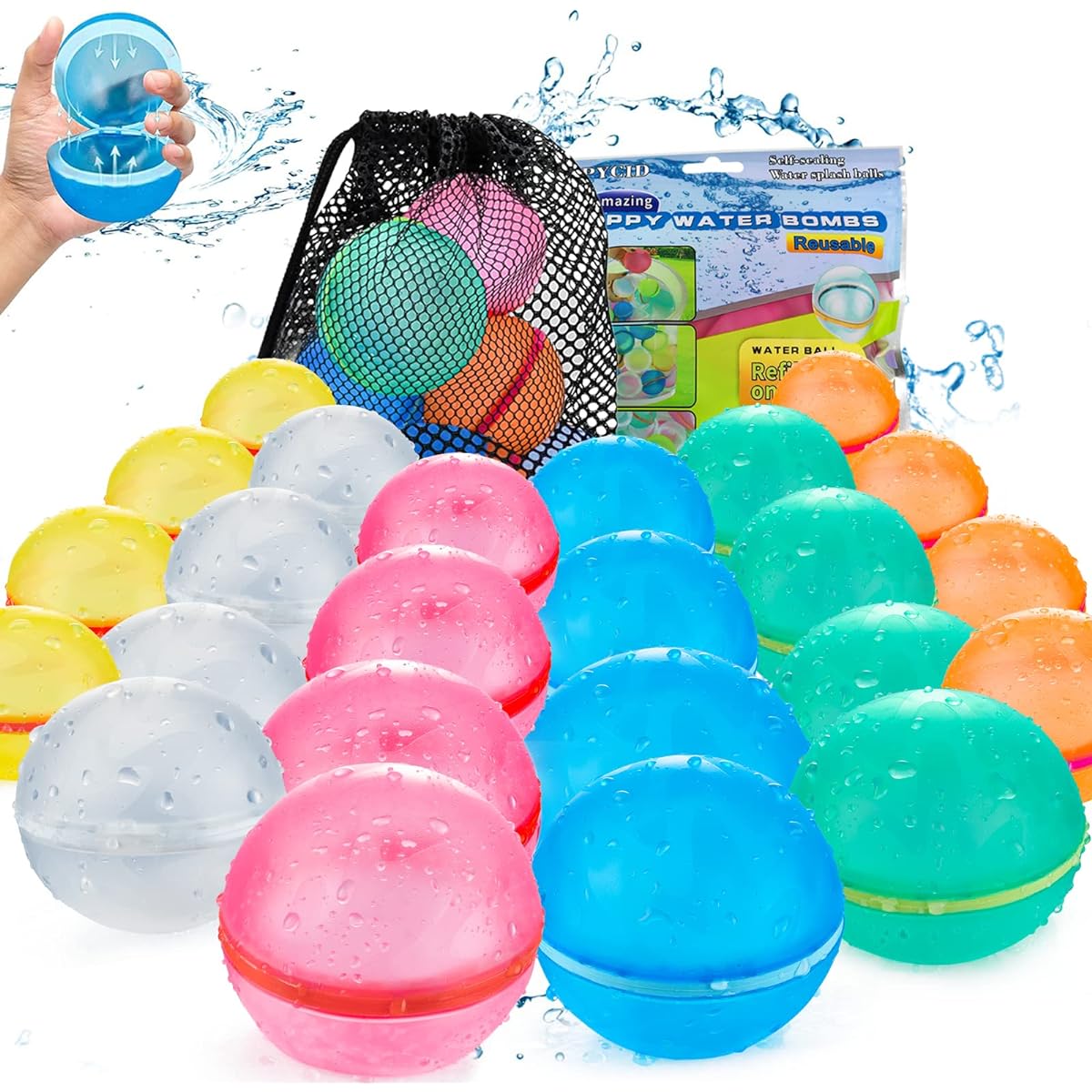 TIZIKCON Reusable Water Balloons with Mesh Bags, Latex Free Silicone Quick Self Seal Splash Bombs for Kids and Adults Water Games Bath Toys Pool Toys Summer Party Supplies (24pcs)