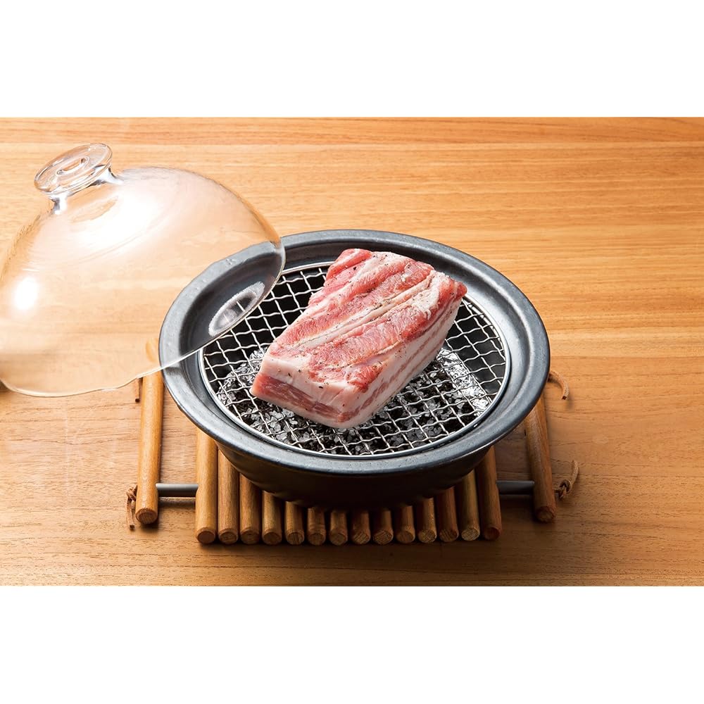 Adelia Earthen pot Mankoyaki Smoking pot Glass dome cooker with recipe [Diameter 22.3 x Height 7.2cm/Microwave/Open flame compatible] F-71715