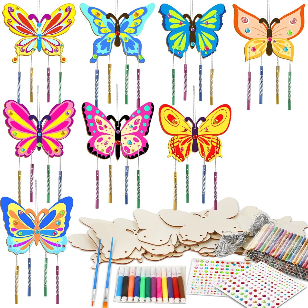 Butterfly Wind Chimes Kit, 16 Pack Butterfly Crafts for Kids, Make Your Own Butterfly Wind Chimes Wooden DIY Arts & Crafts for Summer Parties, School Classroom Decorations, Birthday Favors