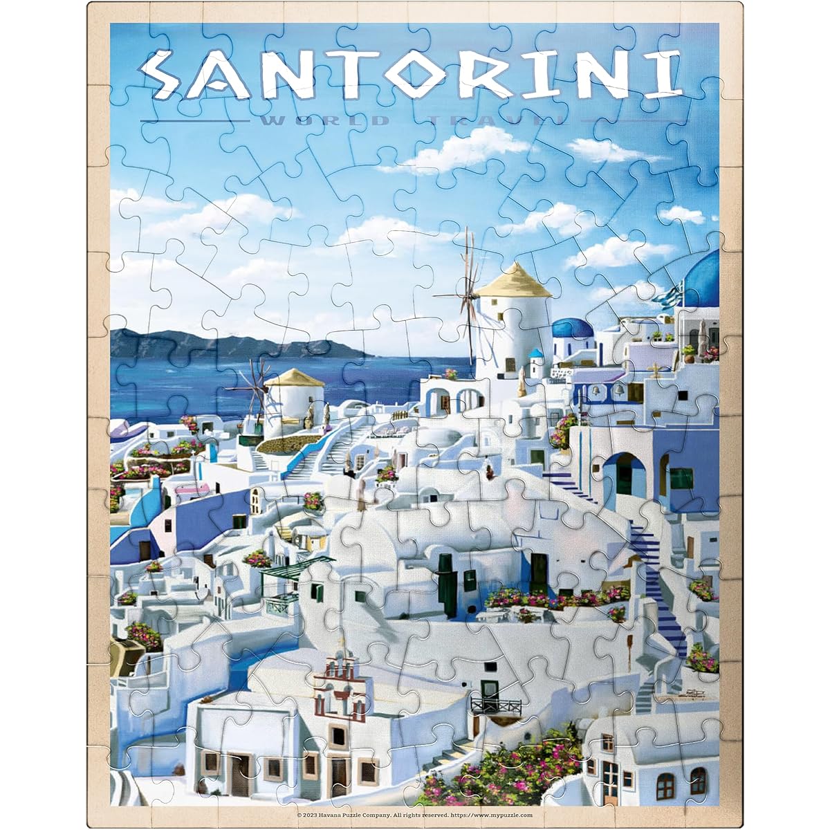 Santorini Greece - Blue and White Vintage Travel Poster - Premium 100 Piece Jigsaw Puzzle for Adults