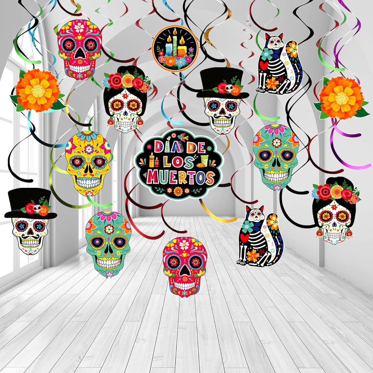 Day of the Dead Decorations Dia De Los Muertos Hanging Swirls Decor Sugar Skull Flowers Day of the Dead Birthday Mexican Party Supplies Set of 50